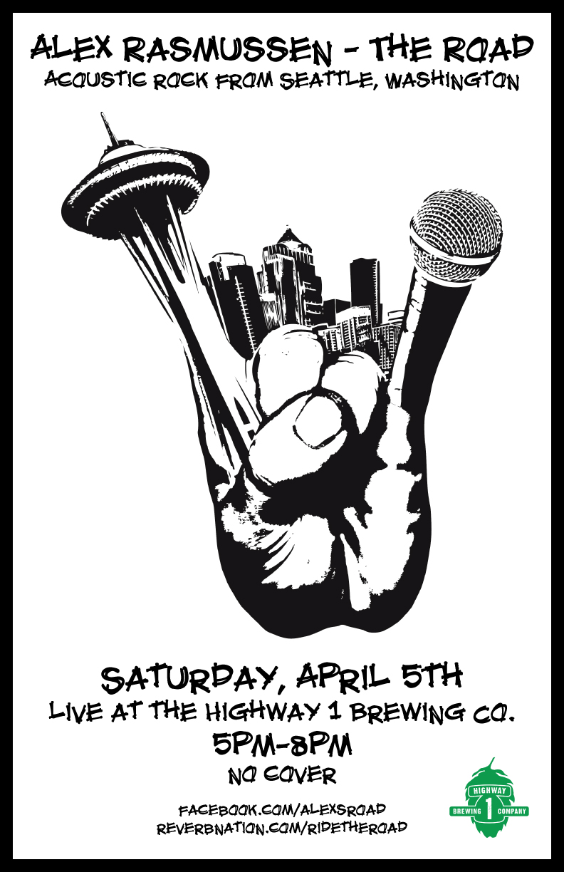 Client: Alex Rasmussen, touring musician, singer-songwriter from Seattle. Description: Poster designed Alex's tour stop at Highway 1 Brewing Company. Logo not designed by me.