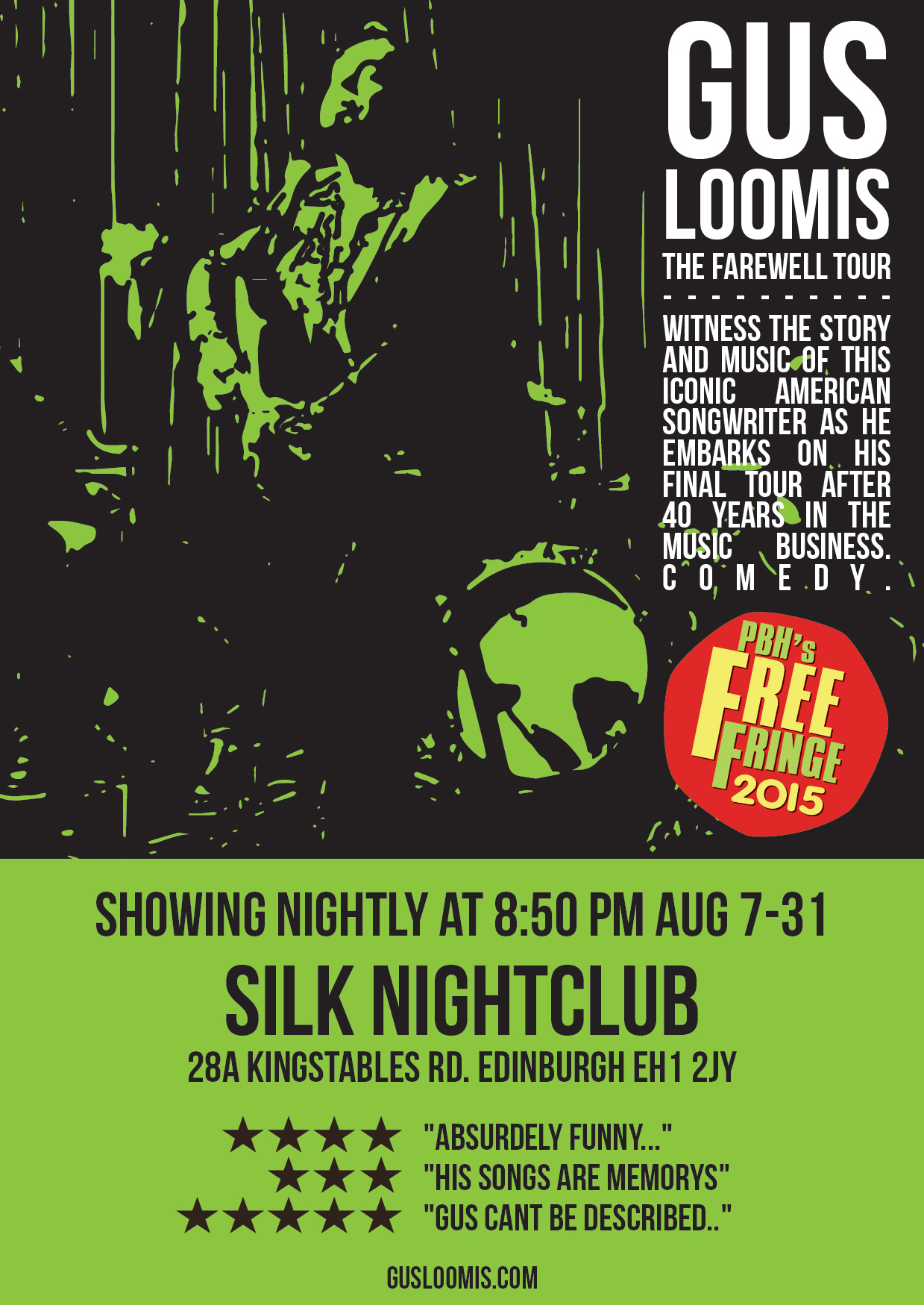 Client: Gus Loomis, musician based in Scotland, UK and San Francisco, CA. Description: Poster designed for the fictional musician who toured the world over and is now retiring, put on my John Anaya.
